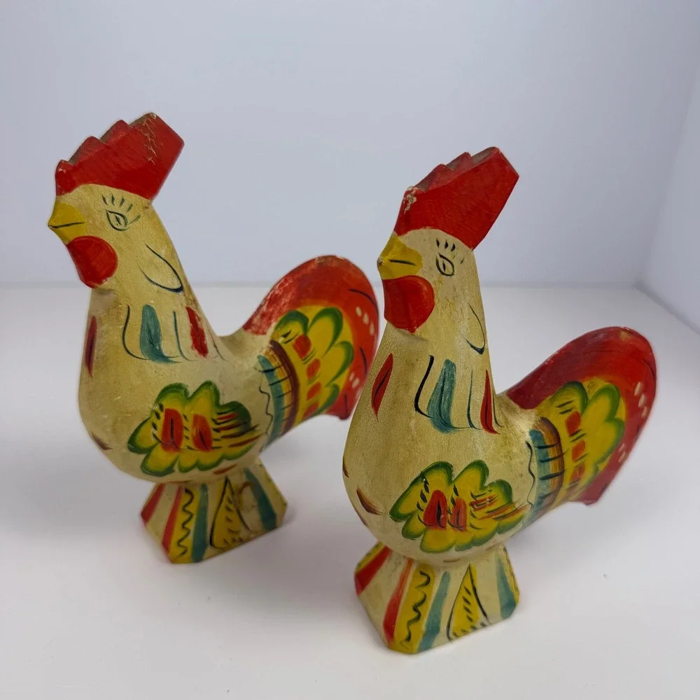 Swedish Dala Vintage Folk Art Cottagecore Home Decor Rooster Figurine Pair Wood